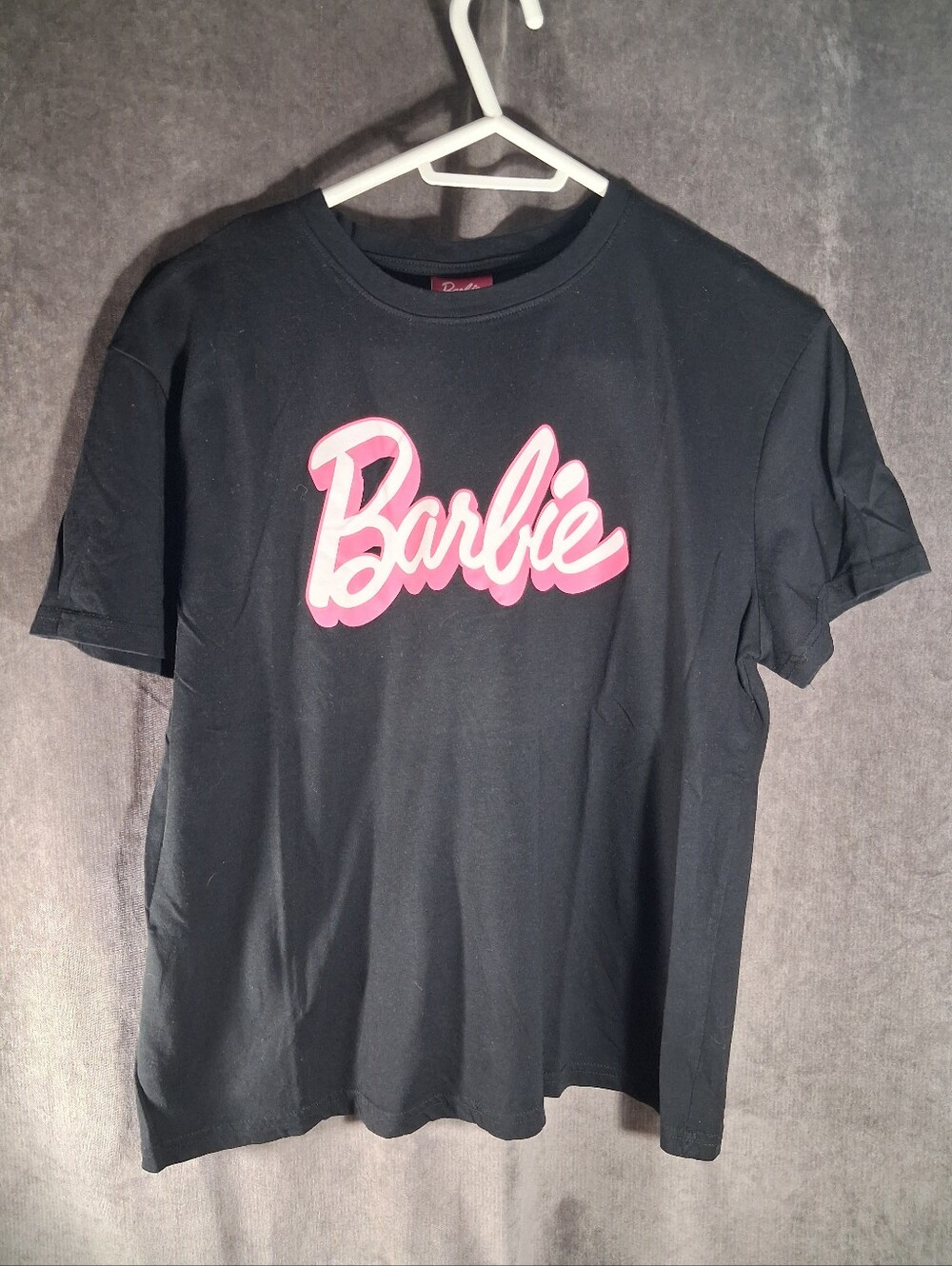 Barbie Pink & White Script Black Graphic Logo Tee VG XL